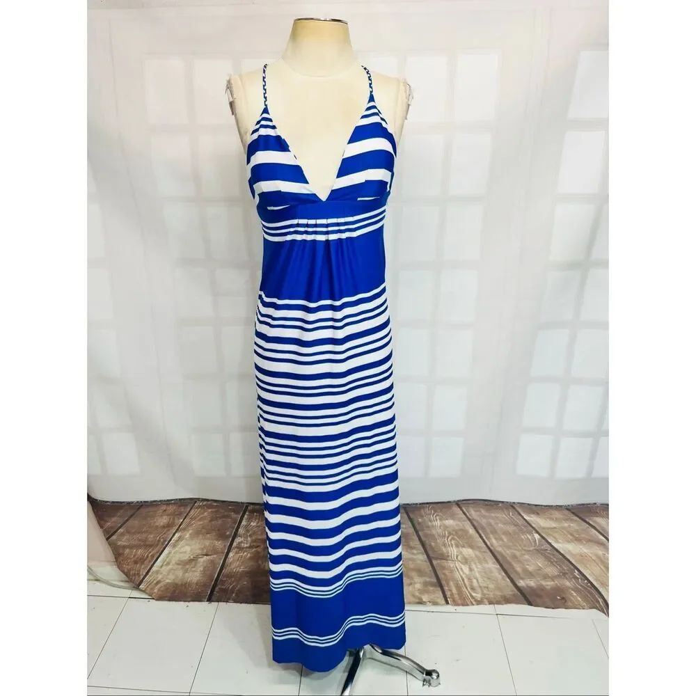 Julie Brown Blue White Striped Braided Spaghetti Straps Maxi Dress Size Small